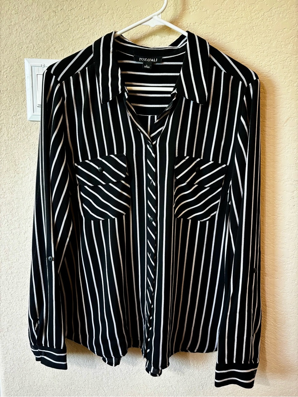 Roz & Ali Black and White Vertical Stripe Button-Down Shirt